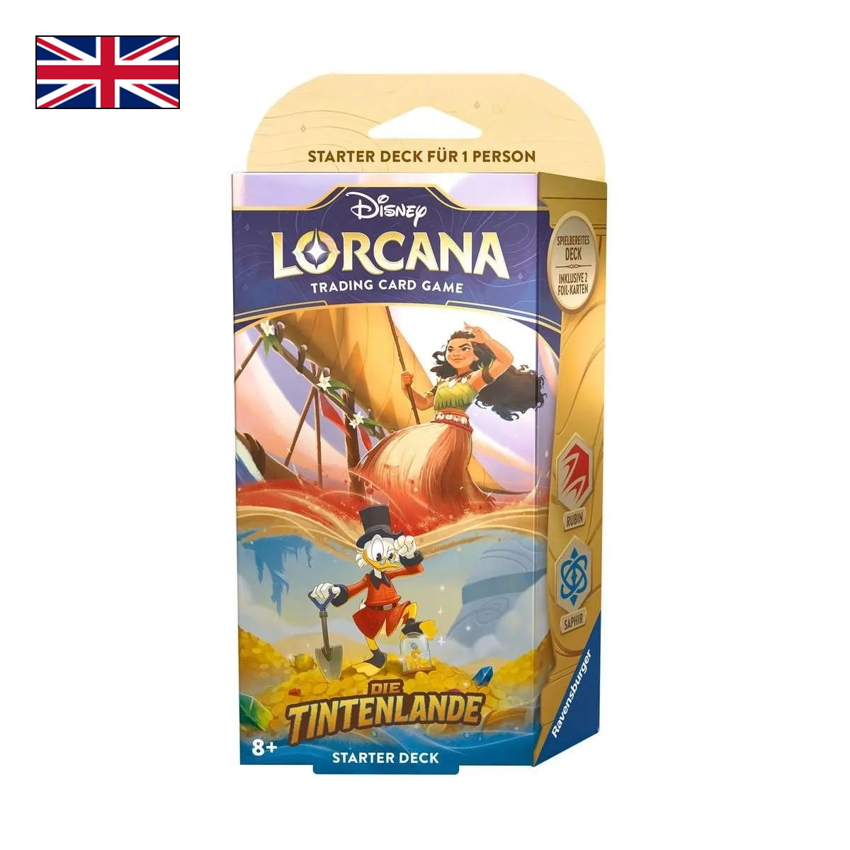 Bild des Starter Decks Rubin/Saphir von Disney Lorcana - Die Tintenlande mit Englischer Flagge