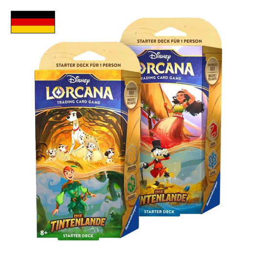 Bild der Starter Decks Rubin/Saphir und Bernstein/Smaragd von Disney Lorcana - Die Tintenlande mit Deutscher Flagge