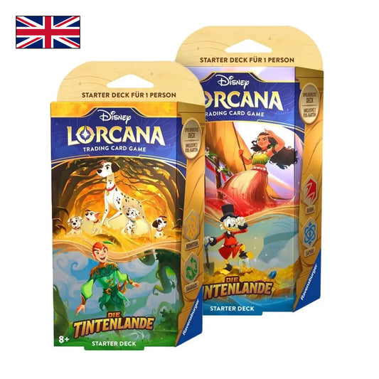 Bild der Starter Decks Rubin/Saphir und Bernstein/Smaragd von Disney Lorcana - Die Tintenlande mit Englischer Flagge