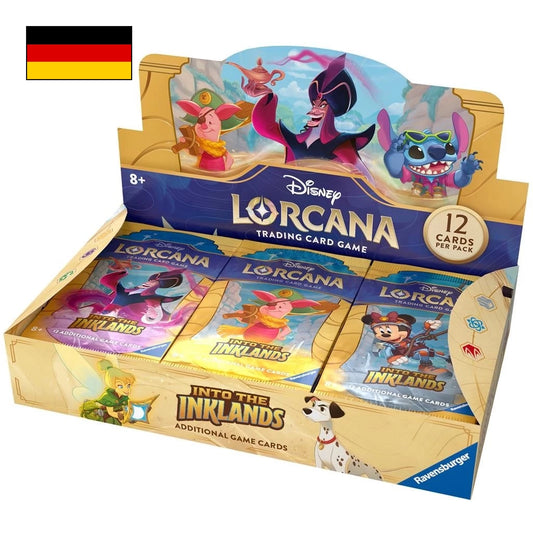 Bild des Booster Displays von Disney Lorcana - Die Tintenlande mit Deutscher Flagge