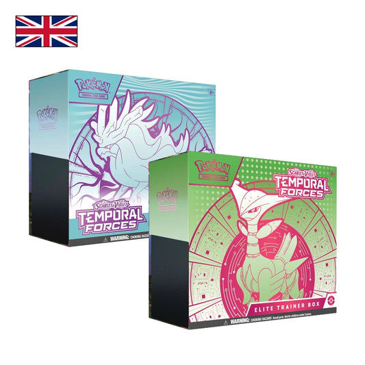 Bild der beiden Elite Trainer Boxen von Pokemon Karmesin & Purpur Temporal Forces